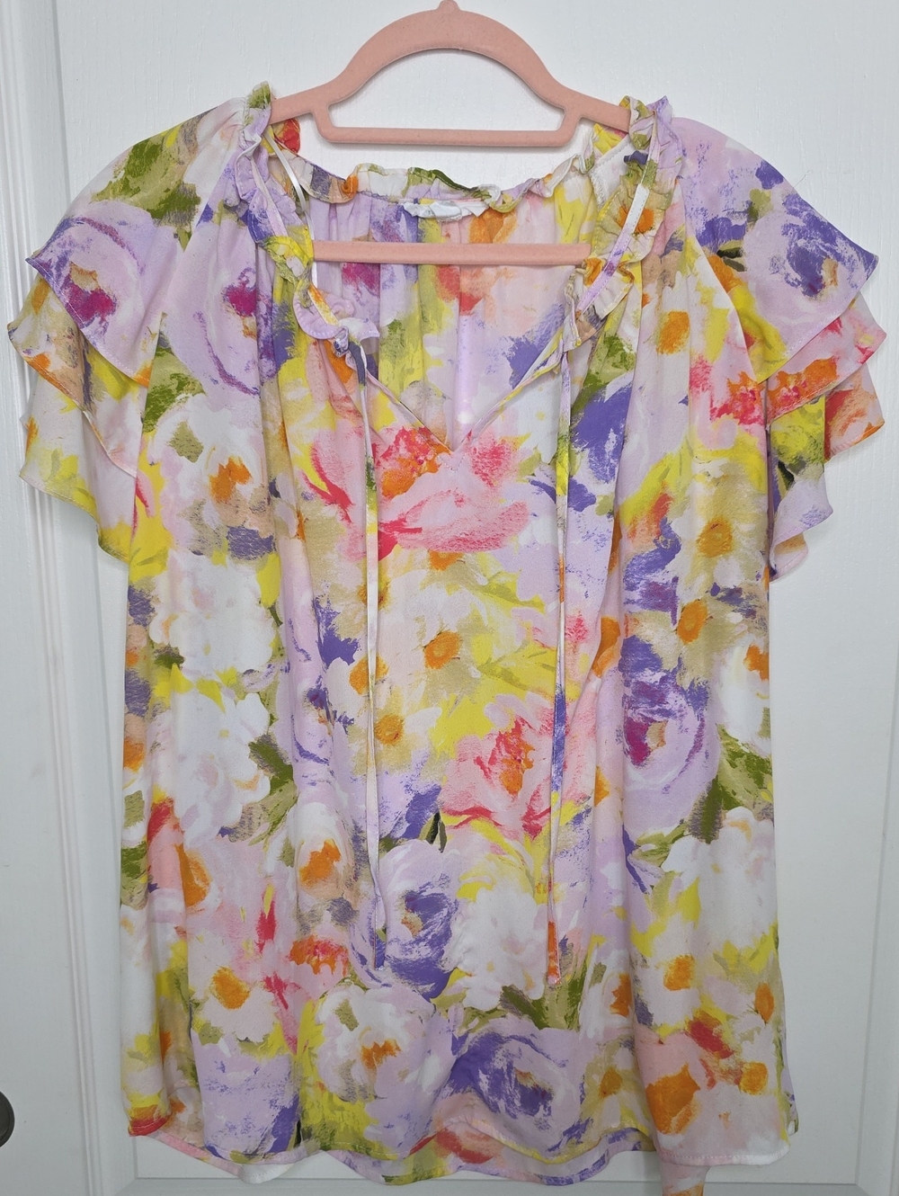Cynthia Rowley Plus Size 3x Pastel Floral Ruffle Tie-Neck Blouse Top